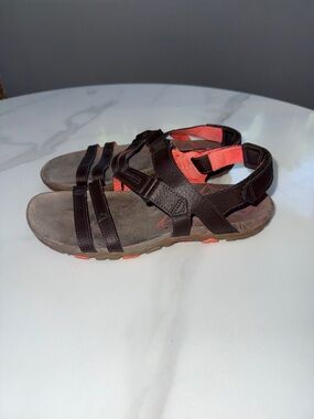 Merrell Brown Leather Sport Sandals with Coral Accents
